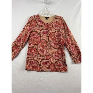 Talbots Paisley Cardigan Women Small Tan Red Brown 100% Cotton Button Front Knit